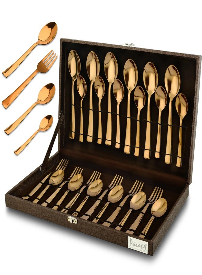 Parage 24 Pieces Premium Stainless Steel Golden Cutlery Set, Home & Kitchen with Gift Box, PVD Rose Gold (6 Pieces Each Table Spoons, Table Forks, Dinner Spoons & Tea Spoons) with Leatherite Box - Image 1
