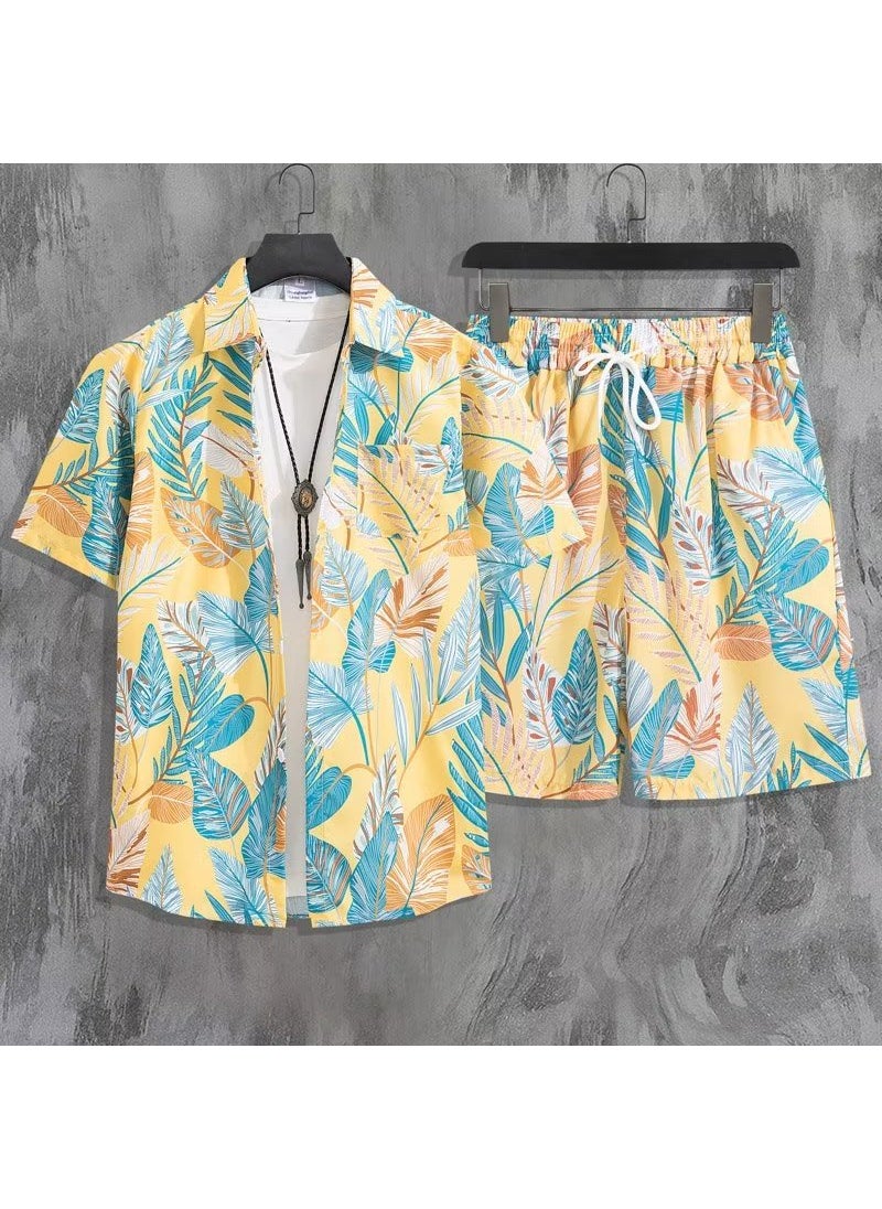Generic Mens Fashionable Casual Loose-Fit Suit New Thin Printed Design Short Sleeve Shirt Straight-Leg Mid Waist Pants Summer Wear T3321 yellow [suit]] 