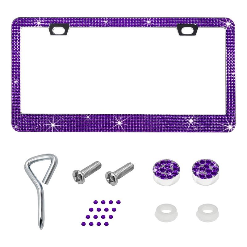 SHMZK Bling License Plate Frame Handcrafted Rhinestone License Plate Holder with Mounting Kit Sparking Diamond Stainless Steel License Plate Cover for Women Car Accessories Purple - Image 3