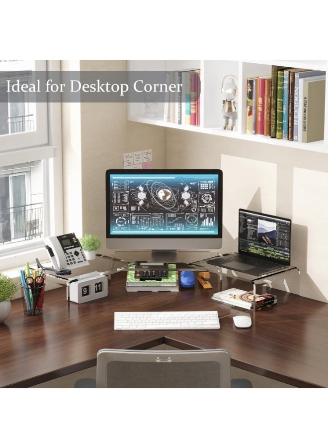 فورثكان قاعدة شاشة شفافة من الأكريليك، حاملة شاشات مزدوجة بثلاثة رفوف قابلة للتعديل مع وسادة مانعة للانزلاق، منظم مكتب فاخر للاستخدام المنزلي والمكتبي، مناسب لأجهزة اللابتوب والكمبيوترات والطابعات والتلفزيونات - Image 1