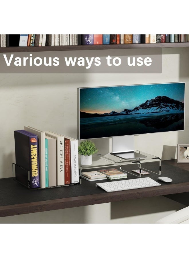فورثكان قاعدة شاشة شفافة من الأكريليك، حاملة شاشات مزدوجة بثلاثة رفوف قابلة للتعديل مع وسادة مانعة للانزلاق، منظم مكتب فاخر للاستخدام المنزلي والمكتبي، مناسب لأجهزة اللابتوب والكمبيوترات والطابعات والتلفزيونات - Image 3