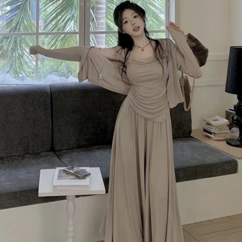 Lazy Casual suit Womens Spring and Autumn New Irregular Sling Cardigan High Waist Mop Pants Slimming Elegant Three-piece Set Khaki cardigan + suspenders + pants [three-piece set]