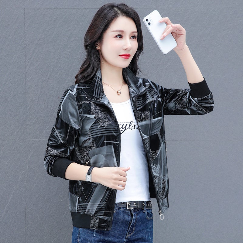 Middle-aged Mom Fashionable Printed Casual Jacket Coat Womens Spring and Autumn Collar Loose Fat Covering Stylish Age-reducing Zipper Shirt Black 