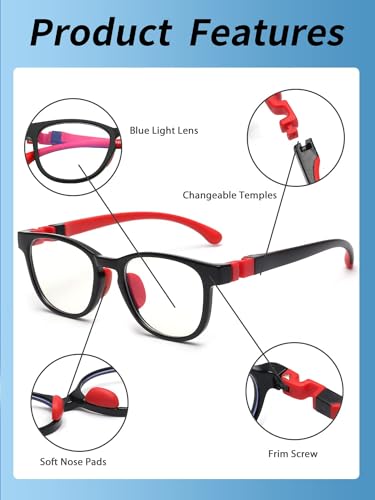 JM Kids Blue Light Glasses, Computer Gaming Grasses for Girls Boys Age 3-10, Anti Blue Ray TR90 Eyeglasses Black Red Square Style - Image 3
