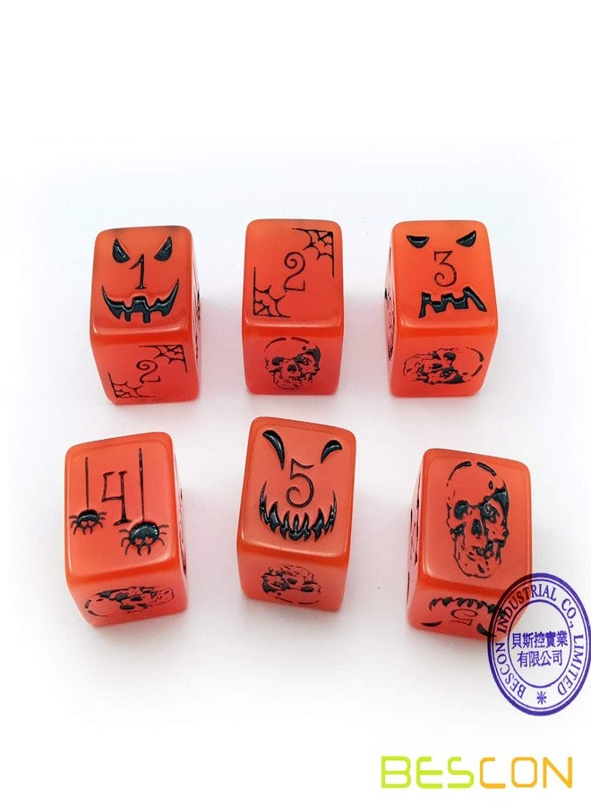 BESCON Set of 6 Bescon Luminous Halloween Dice 6 Sides, Glow in Dark 6 Sided Halloween Dice Set in Velvet Pouch - Image 4