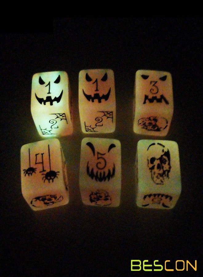 BESCON Set of 6 Bescon Luminous Halloween Dice 6 Sides, Glow in Dark 6 Sided Halloween Dice Set in Velvet Pouch - Image 3