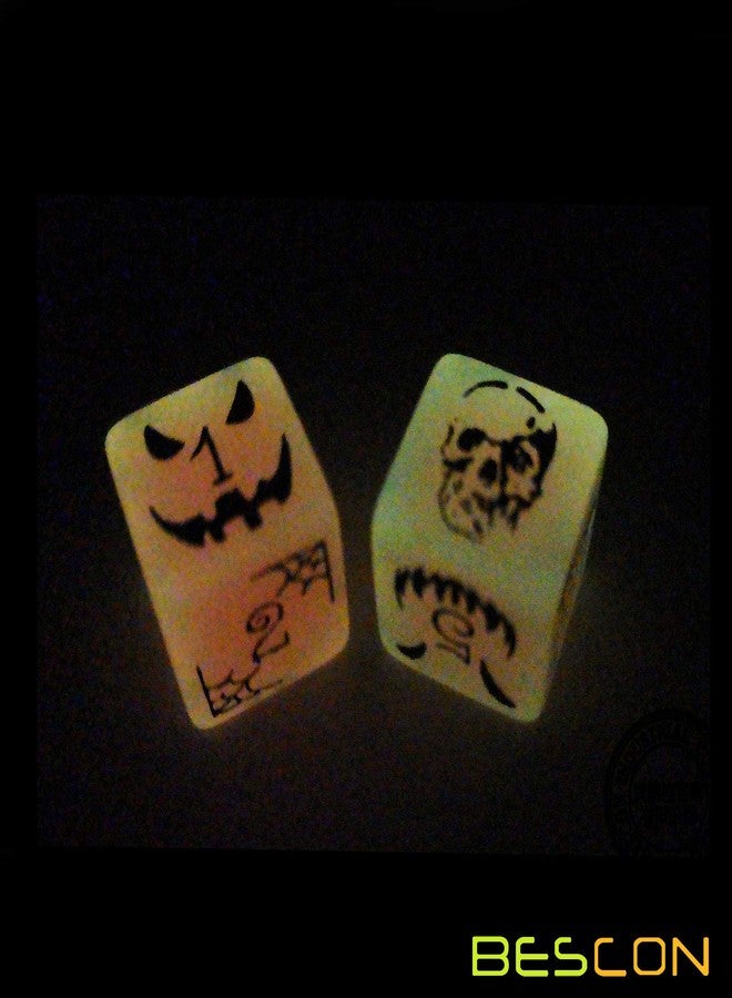 BESCON Set of 6 Bescon Luminous Halloween Dice 6 Sides, Glow in Dark 6 Sided Halloween Dice Set in Velvet Pouch - Image 5