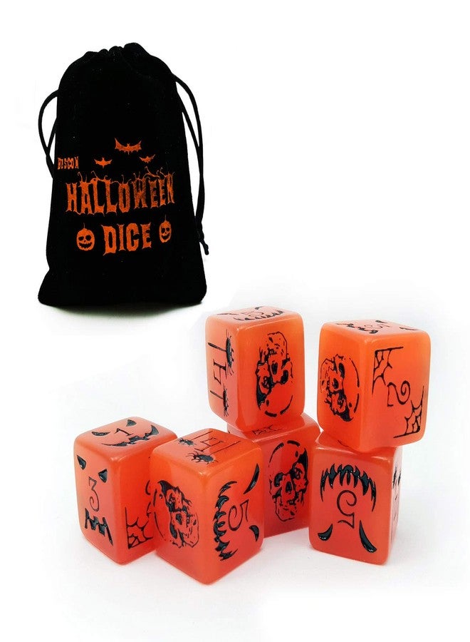 BESCON Set of 6 Bescon Luminous Halloween Dice 6 Sides, Glow in Dark 6 Sided Halloween Dice Set in Velvet Pouch - Image 2