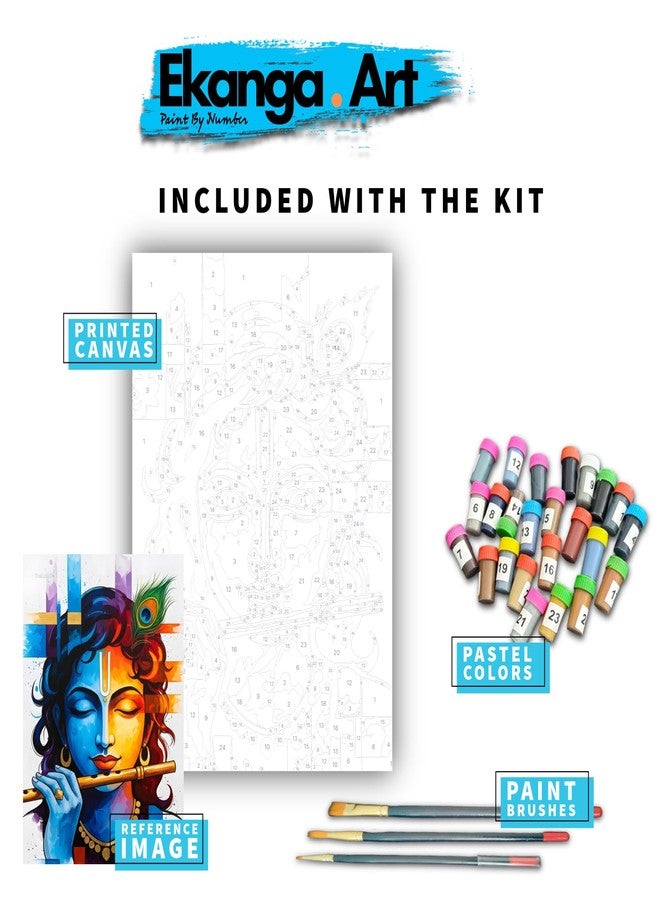 Ekanga Krishna Ji Paint by Number Kit for Adults & Kids | 24 Acrylic Colors, A3 Canvas, Optional Frame | Stress-Relief DIY Painting | Spiritual Gift for Birthday, Anniversary, Diwali & Home Décor (Krishna Ji Playing Flute Design 2, Without Frame) - Image 2