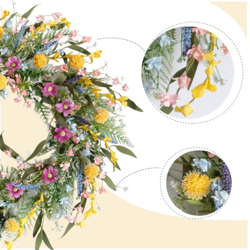Egolot 22" Spring Summer Wreath for Front Door - Colorful Wildflower Wreath with Lavender & Forsythia, Everyday Floral Wreaths for Front Door Outside, Spring Door Wreath for Indoor Home Decor - Image 2