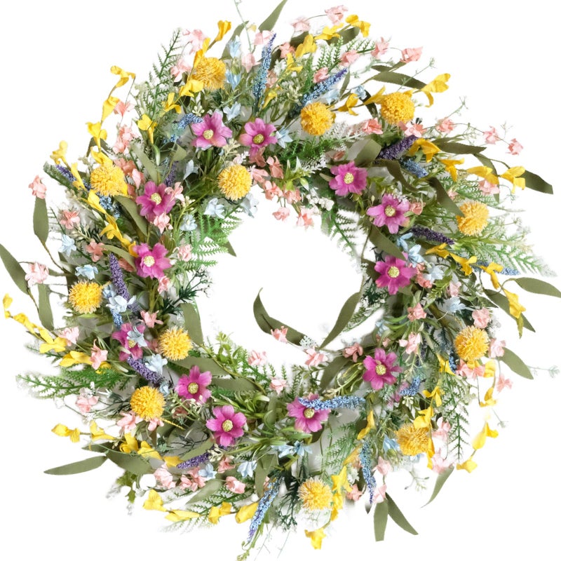Egolot 22" Spring Summer Wreath for Front Door - Colorful Wildflower Wreath with Lavender & Forsythia, Everyday Floral Wreaths for Front Door Outside, Spring Door Wreath for Indoor Home Decor - Image 1