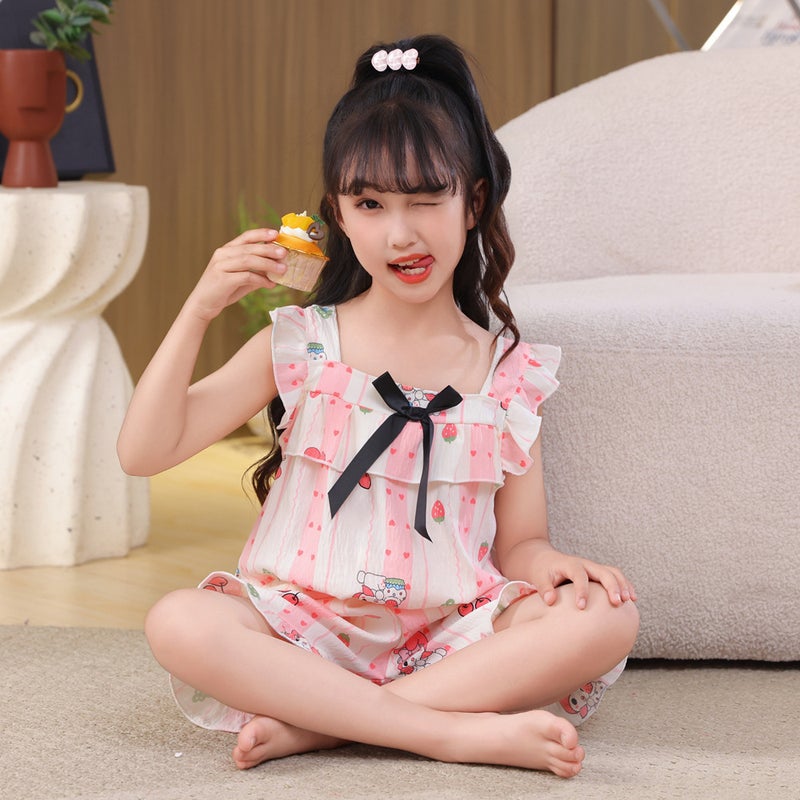 New Summer Children'S Pajamas Girls Cute Short Sleeve Square Collar Girls Cartoon Suspenders Home Clothes Suit - Image 4