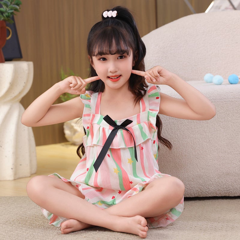 New Summer Children'S Pajamas Girls Cute Short Sleeve Square Collar Girls Cartoon Suspenders Home Clothes Suit - Image 5