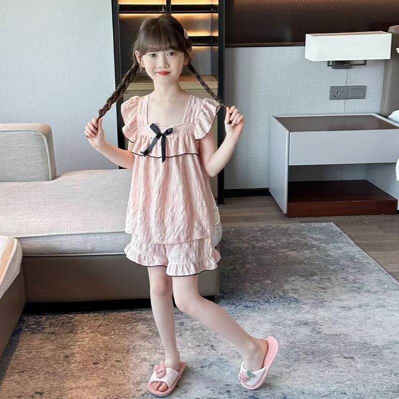 New Summer Children'S Pajamas Girls Cute Short Sleeve Square Collar Girls Cartoon Suspenders Home Clothes Suit - Image 2