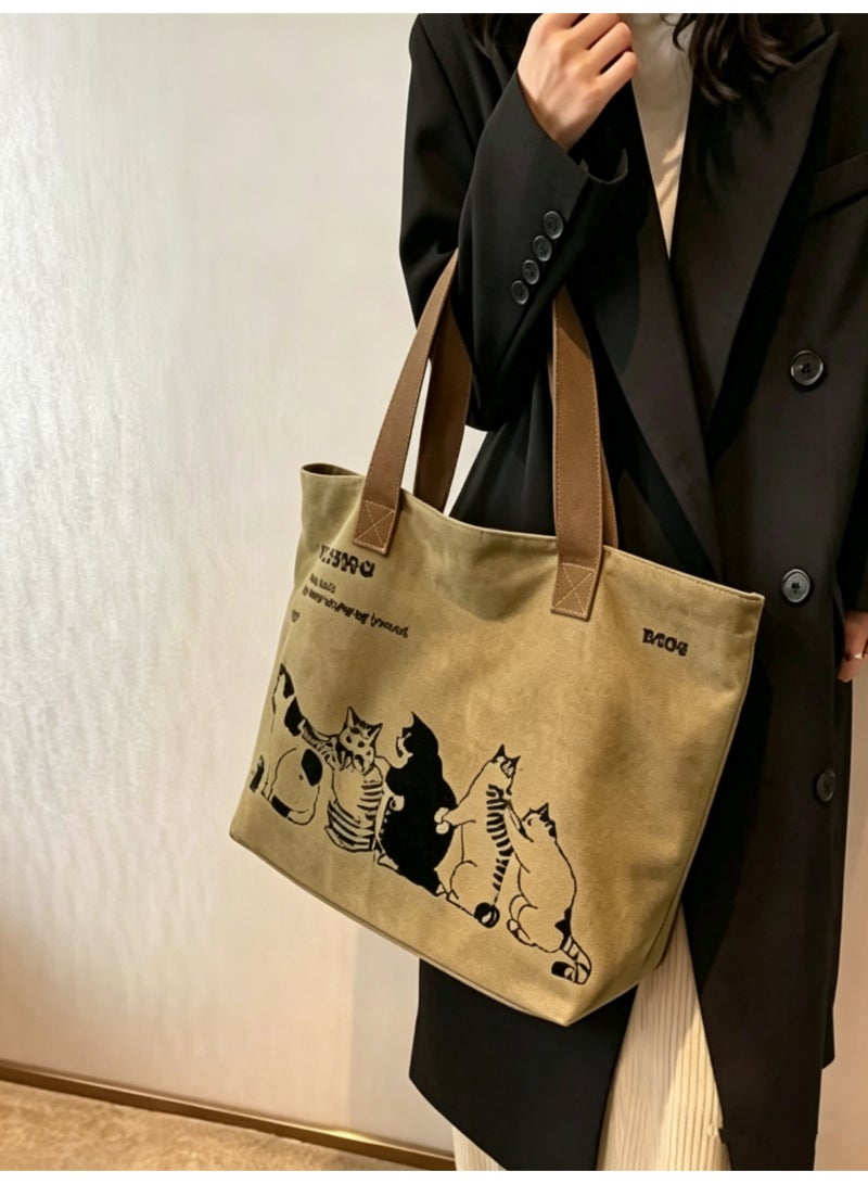 Women'S Canvas Tote Bag | Stylish, Spacious, And Durable Shoulder Bag with Zipper Closure And Classic Design - Perfect for Work And Everyday Use, in Animal Print, And Khaki Colors - Image 4