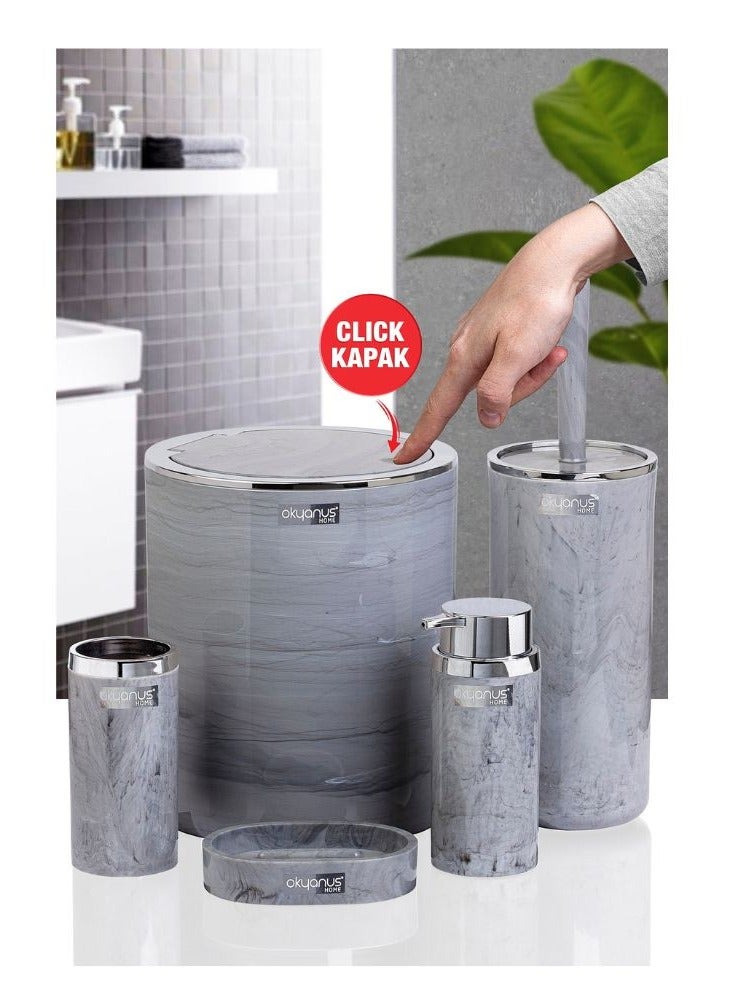 طقم حمام أوكيانوس الأنيق مكون من 5 قطع سلة مهملات وفرشاة مرحاض وحامل موزع صابون وحامل فرشاة أسنان وطبق صابون رمادي - Image 2