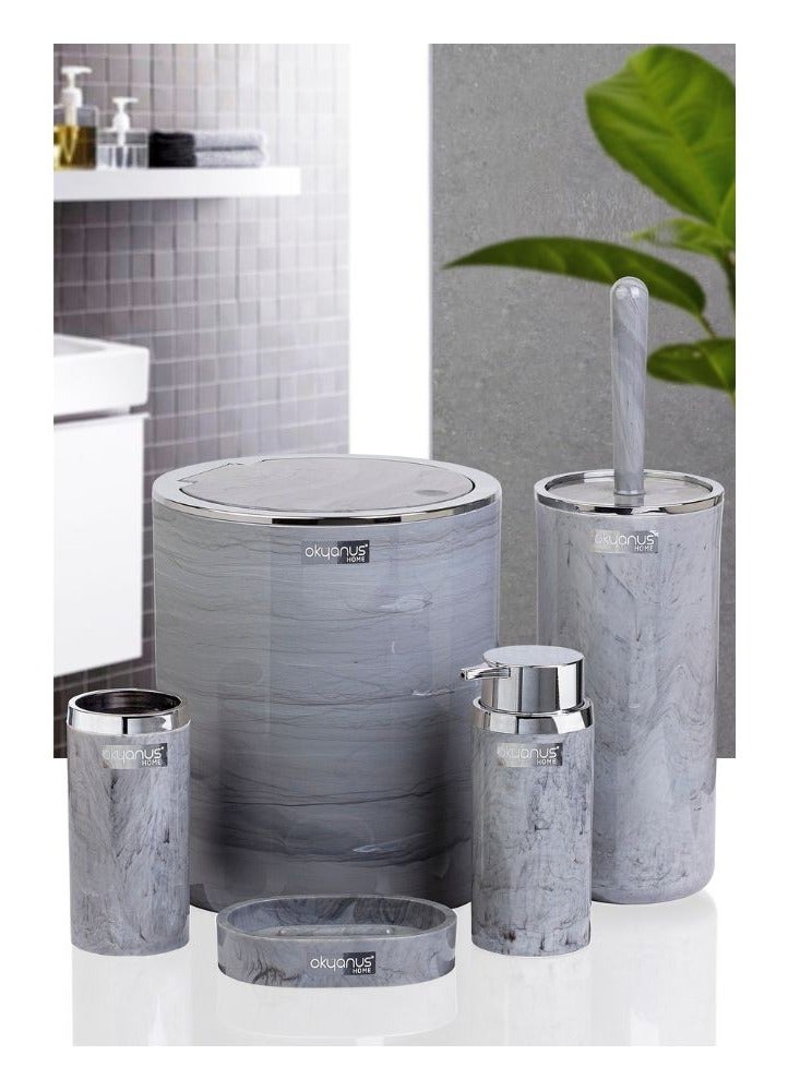 طقم حمام أوكيانوس الأنيق مكون من 5 قطع سلة مهملات وفرشاة مرحاض وحامل موزع صابون وحامل فرشاة أسنان وطبق صابون رمادي - Image 1