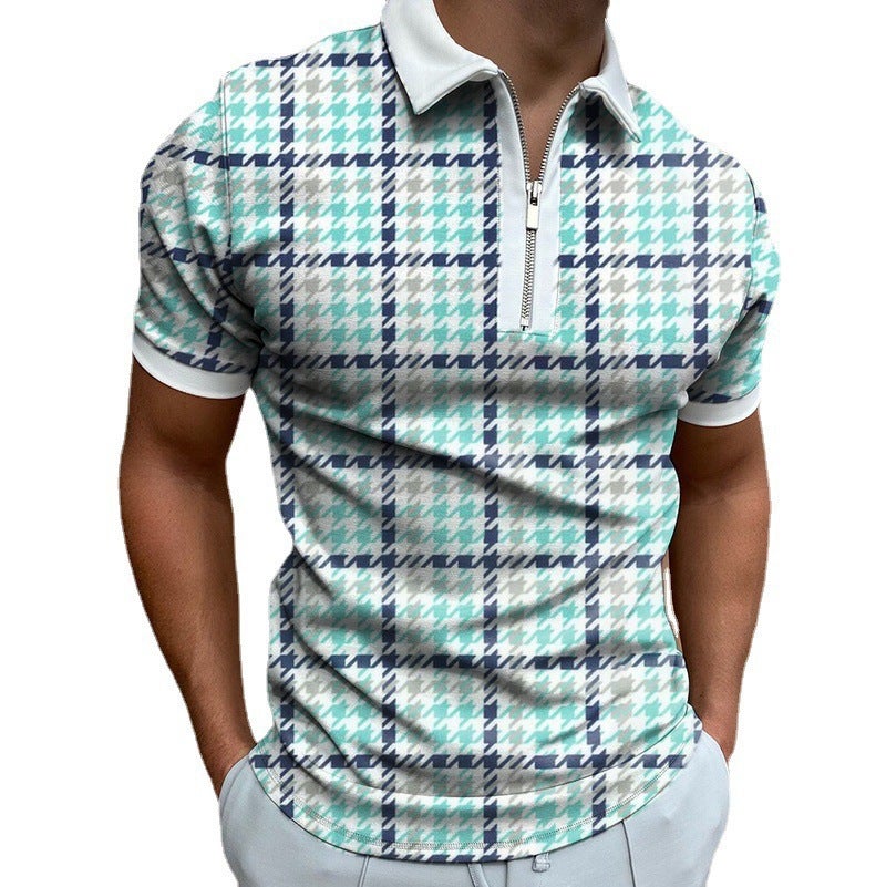 2022 summer new men's geometric pattern casual zipper polo shirt plus size short sleeve top LLPL39956 L - Image 2