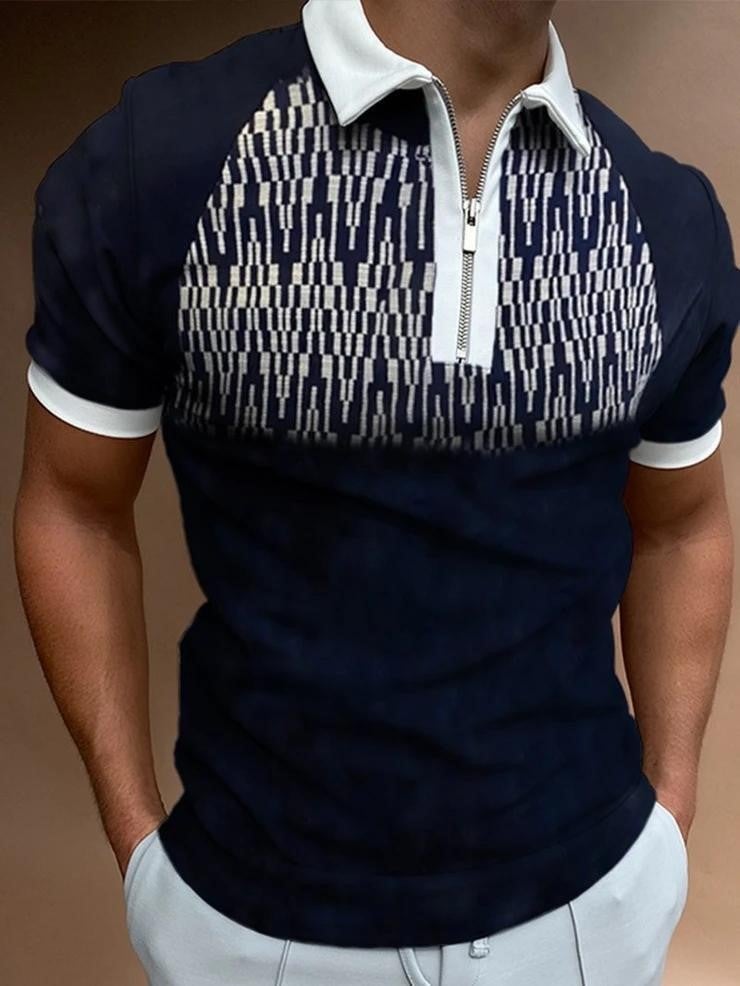 2022 summer new men's geometric pattern casual zipper polo shirt plus size short sleeve top LLPL39956 L - Image 1
