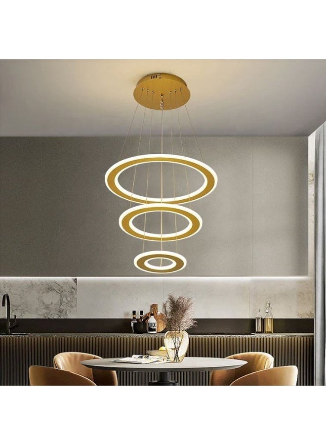 رافين ديكور منزلي – مصباح حديث لغرفة المعيشة، تصميم دائرة معلّقة، ضوء نجفة LED بثلاث حلقات، أكريليك فاخر بلون ذهبي، على شكل دائري، مناسب لديكور المنزل - Image 3