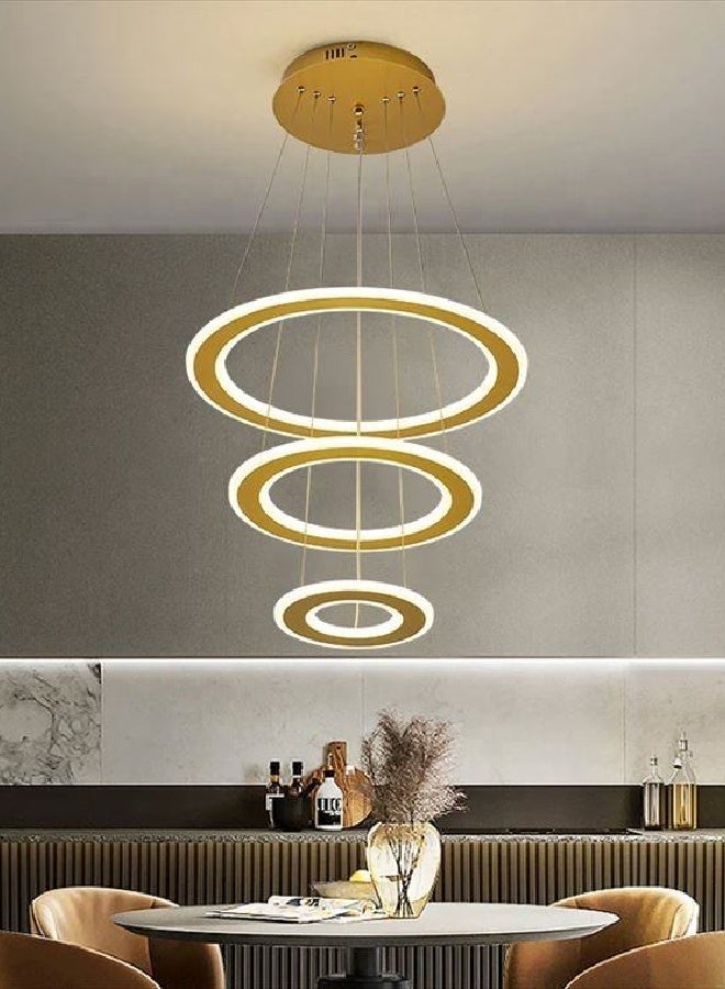 رافين ديكور منزلي – مصباح حديث لغرفة المعيشة، تصميم دائرة معلّقة، ضوء نجفة LED بثلاث حلقات، أكريليك فاخر بلون ذهبي، على شكل دائري، مناسب لديكور المنزل - Image 2