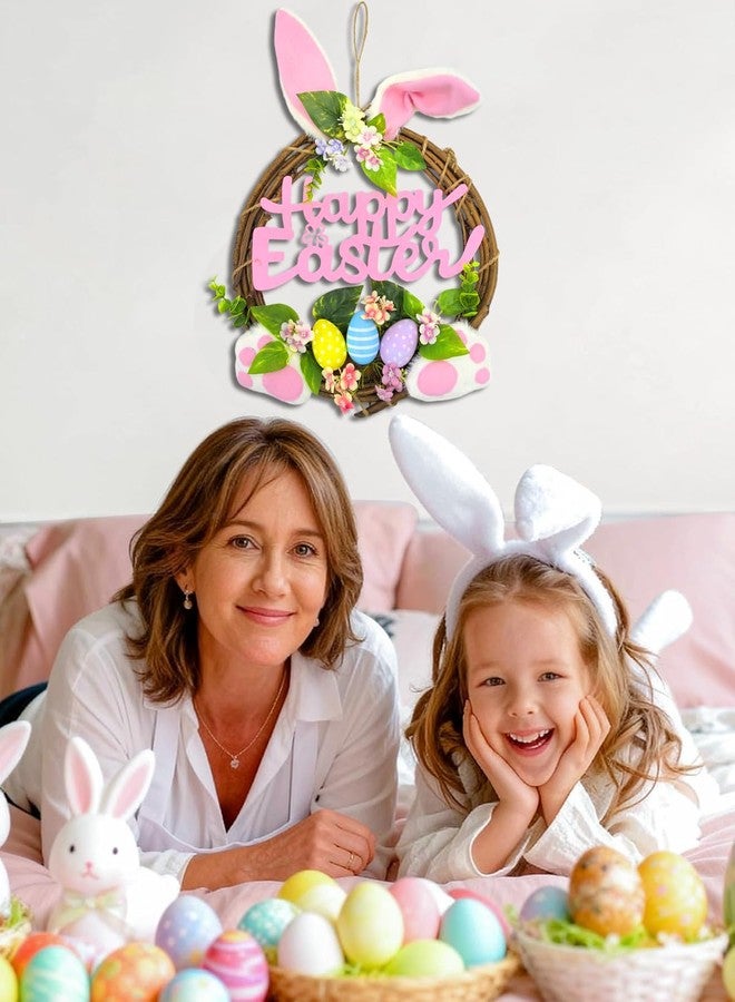 Apear1 13'' Easter Bunny Wreaths for Front Door, Happy Easter Rabbit Wreath Decoration with Pastel Speckled Eggs, Artificial Farmhouse Wall Decor for Holiday Home Indoor (Happy Easter) - Image 3