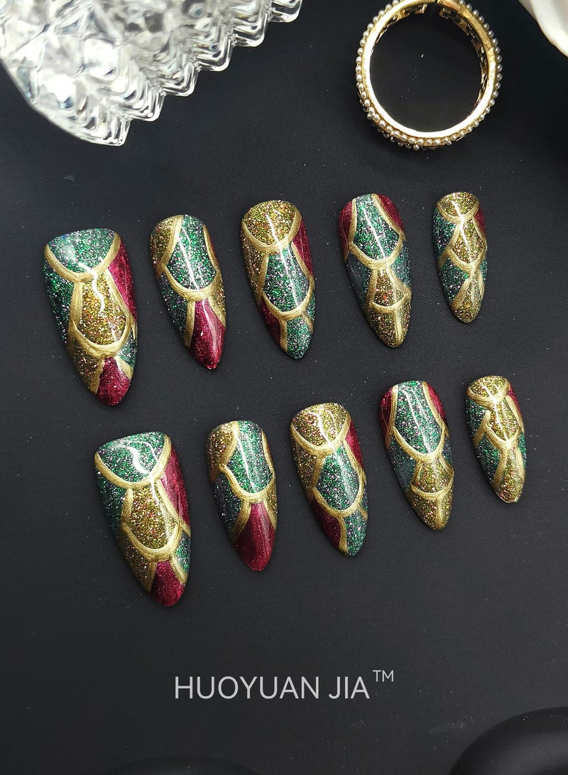 HUOYUAN JIA A Set of 10 Pieces Handmade Press On Nails,Reusable and Removable Almond Shaped Fake Nails,Comes with A Rubbing Strip and A Piece of Jelly Glue for Fashionable Women's Holiday Gifts,Fake Nail Set  - Image 1