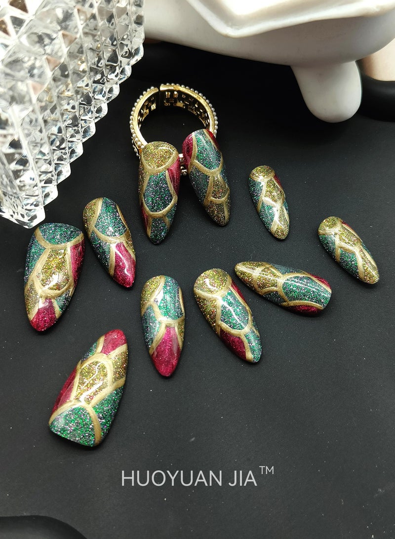 HUOYUAN JIA A Set of 10 Pieces Handmade Press On Nails,Reusable and Removable Almond Shaped Fake Nails,Comes with A Rubbing Strip and A Piece of Jelly Glue for Fashionable Women's Holiday Gifts,Fake Nail Set  - Image 2