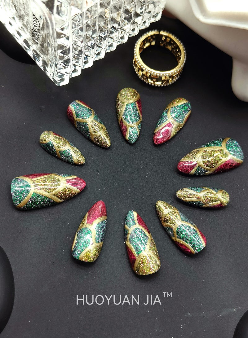 HUOYUAN JIA A Set of 10 Pieces Handmade Press On Nails,Reusable and Removable Almond Shaped Fake Nails,Comes with A Rubbing Strip and A Piece of Jelly Glue for Fashionable Women's Holiday Gifts,Fake Nail Set  - Image 3