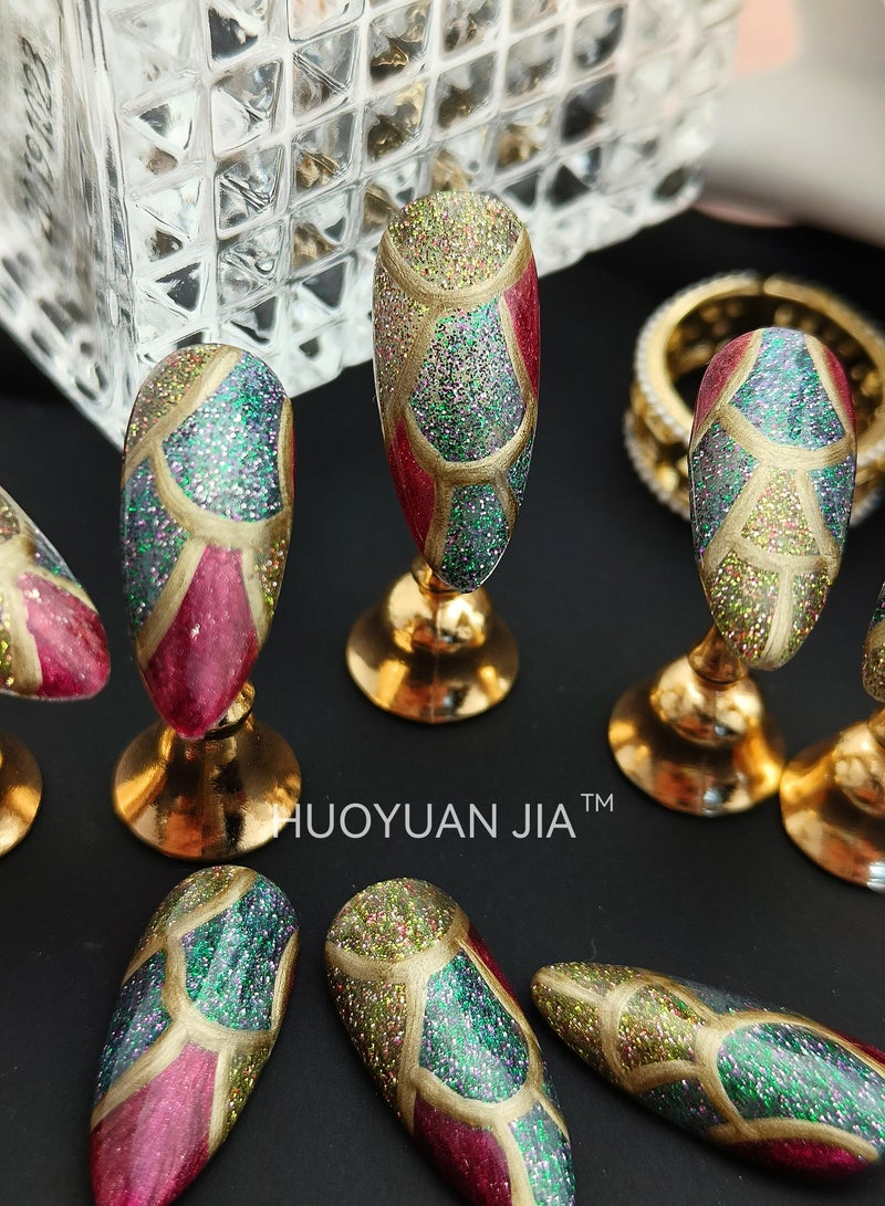 HUOYUAN JIA A Set of 10 Pieces Handmade Press On Nails,Reusable and Removable Almond Shaped Fake Nails,Comes with A Rubbing Strip and A Piece of Jelly Glue for Fashionable Women's Holiday Gifts,Fake Nail Set  - Image 4