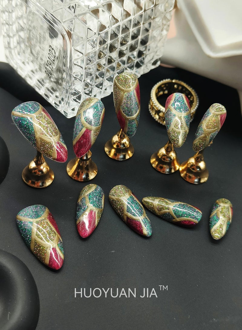 HUOYUAN JIA A Set of 10 Pieces Handmade Press On Nails,Reusable and Removable Almond Shaped Fake Nails,Comes with A Rubbing Strip and A Piece of Jelly Glue for Fashionable Women's Holiday Gifts,Fake Nail Set  - Image 5
