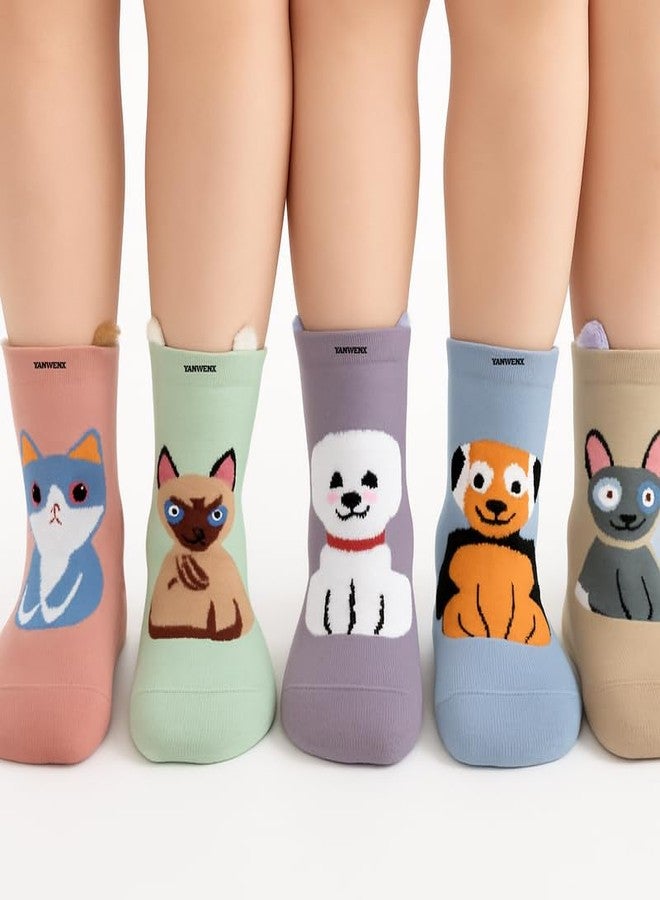 Yanwenx جوارب يان وينكس للأطفال (5 أزواج، متعددة الألوان) - تصميم قطة لطيفة | جوارب كاحل قطنية ناعمة، قابلة للتنفس ومريحة للأولاد والبنات (عمر 5-15 سنة) - Image 2