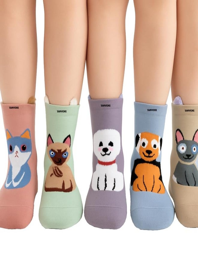 Yanwenx جوارب يان وينكس للأطفال (5 أزواج، متعددة الألوان) - تصميم قطة لطيفة | جوارب كاحل قطنية ناعمة، قابلة للتنفس ومريحة للأولاد والبنات (عمر 5-15 سنة) - Image 1