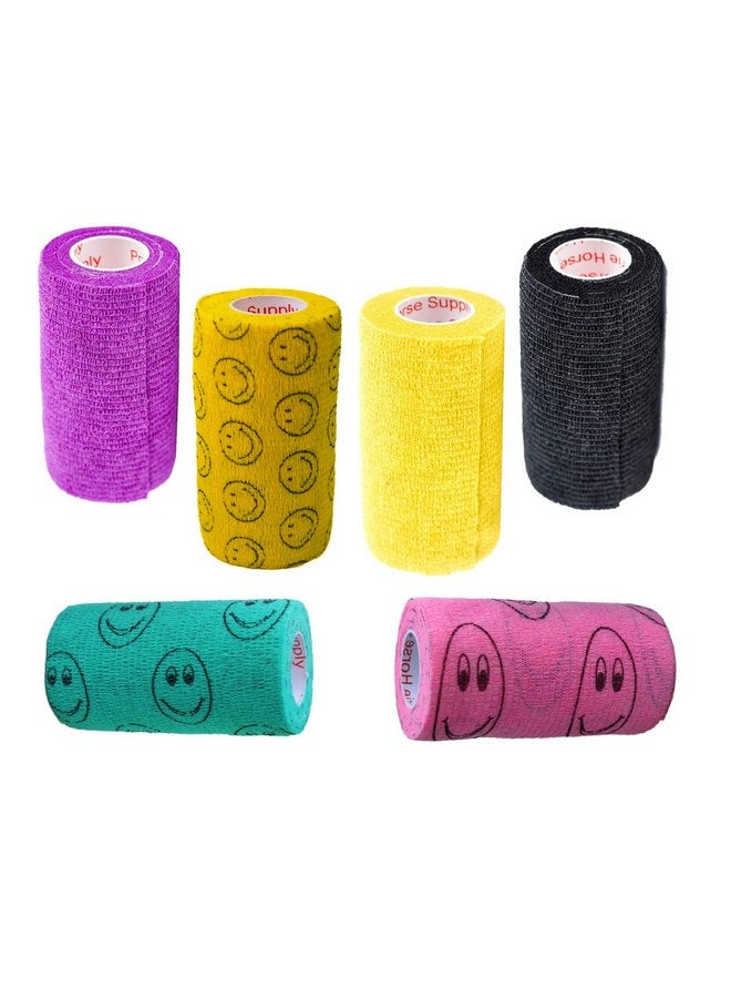 براري هورس سبلاي ضمادة طبية لاصقة ذاتية اللصق مقاس 4 بوصات رياضية (أرجواني، أصفر، أسود وابتسامات على الأصفر، وردي، أخضر) (عبوة من 6 قطع) لفافات مرنة قوية ذاتية اللصق لمعصم الكاحل والركبة والالتواءات والتورم - Image 1