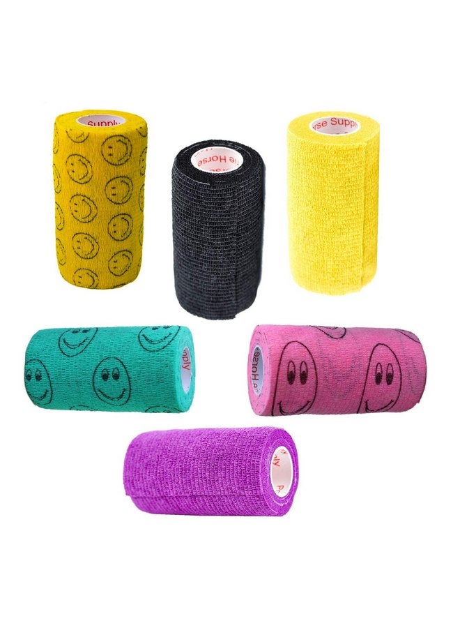 براري هورس سبلاي ضمادة طبية لاصقة ذاتية اللصق مقاس 4 بوصات رياضية (أرجواني، أصفر، أسود وابتسامات على الأصفر، وردي، أخضر) (عبوة من 6 قطع) لفافات مرنة قوية ذاتية اللصق لمعصم الكاحل والركبة والالتواءات والتورم - Image 2