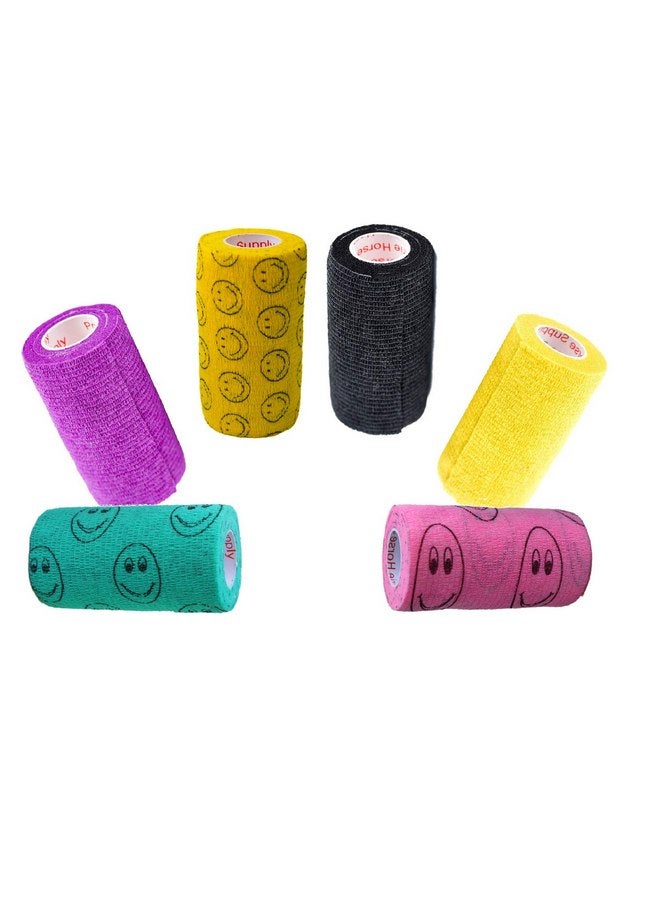 براري هورس سبلاي ضمادة طبية لاصقة ذاتية اللصق مقاس 4 بوصات رياضية (أرجواني، أصفر، أسود وابتسامات على الأصفر، وردي، أخضر) (عبوة من 6 قطع) لفافات مرنة قوية ذاتية اللصق لمعصم الكاحل والركبة والالتواءات والتورم - Image 3