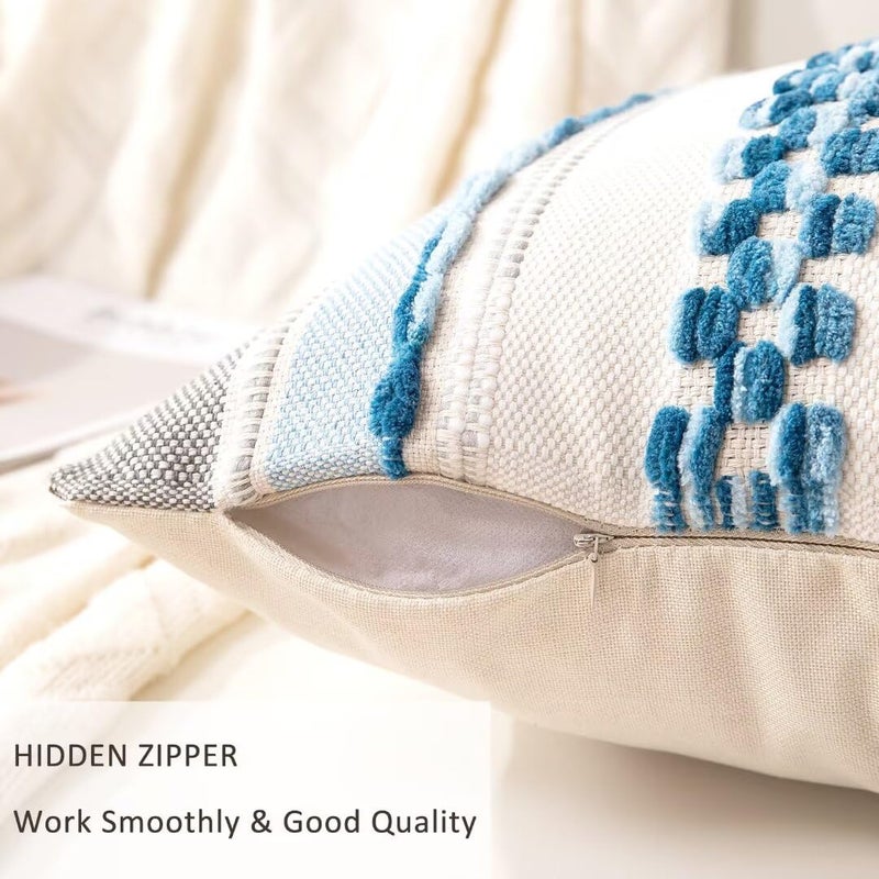 WANLIRD Boho Throw Pillow Covers 18x18 Set of 2 Farmhouse Decorative Cushion Case Striped Square Pillows Cover Chenille Pillow Cases Accent Neutral Pillowcase for Sofa Couch Bed,Sky Blue - Image 3