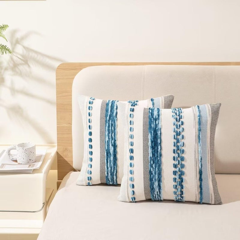 WANLIRD Boho Throw Pillow Covers 18x18 Set of 2 Farmhouse Decorative Cushion Case Striped Square Pillows Cover Chenille Pillow Cases Accent Neutral Pillowcase for Sofa Couch Bed,Sky Blue - Image 5