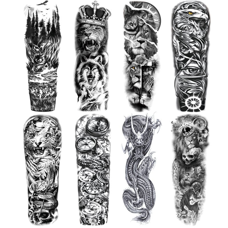 Lion Wolf Fake Tattoos Sleeve Stickers Full Arm Dragon Animal Tribal Temporary Tattoo Sleeves For Men Women Adults Long Lasting Large Black Eagle Leopard Temp Tattoo Leg Body Art Makeup 8Sheet