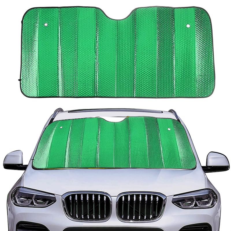 KaberMisr 2020 Car Windshield Sun Shade UV Rays and Heat Protection Reflective Foldable Sunshade (Green Face/Silver Face,Code:9186)