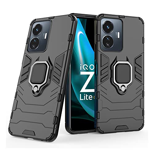 CEDO Kickstand Cover for iQOO Z6 Lite (5G) Rugged Case | Built-in Stand Rotating Ring Holder | Military Grade Armor Bumper Back Cover (Black) - Image 1