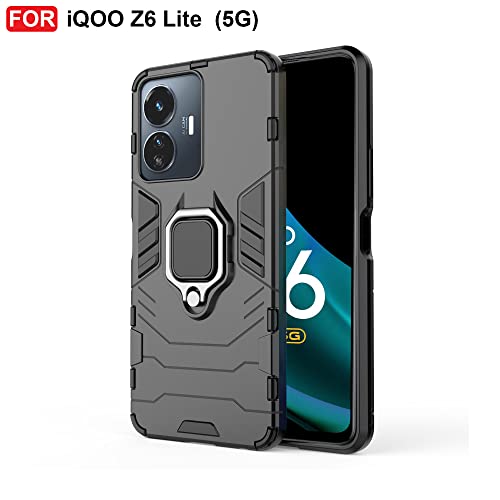 CEDO Kickstand Cover for iQOO Z6 Lite (5G) Rugged Case | Built-in Stand Rotating Ring Holder | Military Grade Armor Bumper Back Cover (Black) - Image 2