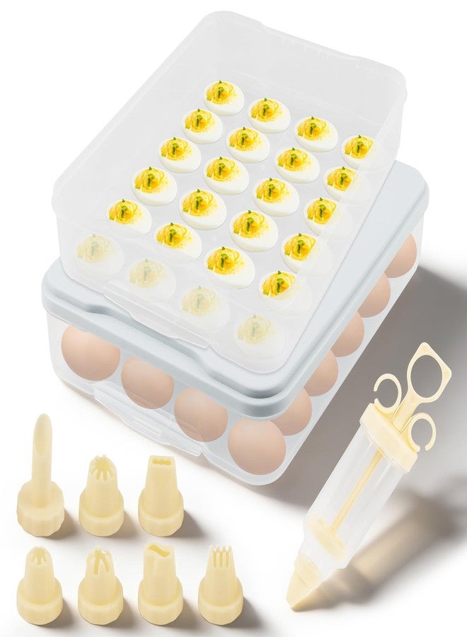 YOSINXU 2-Layer Easter Deviled Egg Containers With Lid,48PCS Deviled Eggs Tray Carrier with Hand Injector Piping Tool, Platter Holder Organizer for Refrigerator Party Picnic Travel - Image 1