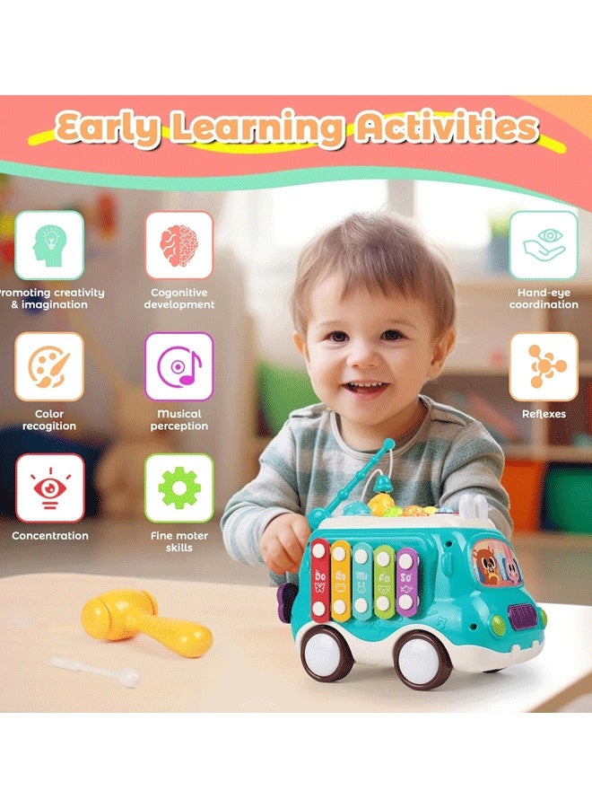 إيزي سو لعبة بيبي باص الموسيقية مونتيسوري للأطفال بعمر 18 شهرًا مع صوت وضوء، مع إكسيليفون/مطرقة/لعبة صيد/طاحونة هوائية وتدوير التروس وما إلى ذلك، تعلم حسي، هدية للأولاد والبنات (أزرق) - Image 2