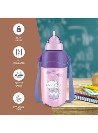 Milton 370ml Plastic Water Bottle with Straw for Kids – PU Insulated to Keep Drinks Hot or Cold for Hours, Leakproof, Sipper Bottle for School, Travel & Picnic, Kool Trendy 400, Purple - view 2