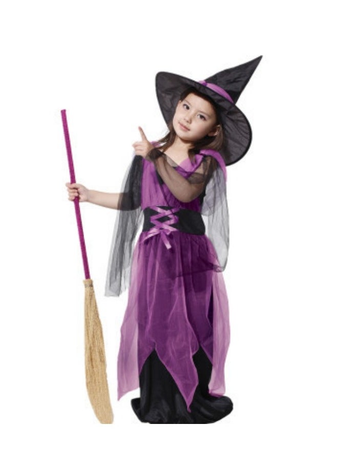Generic Girls Witch Costume, Witch Dress Colour Dress with Witch Hat and Broom Handle  - Image 1