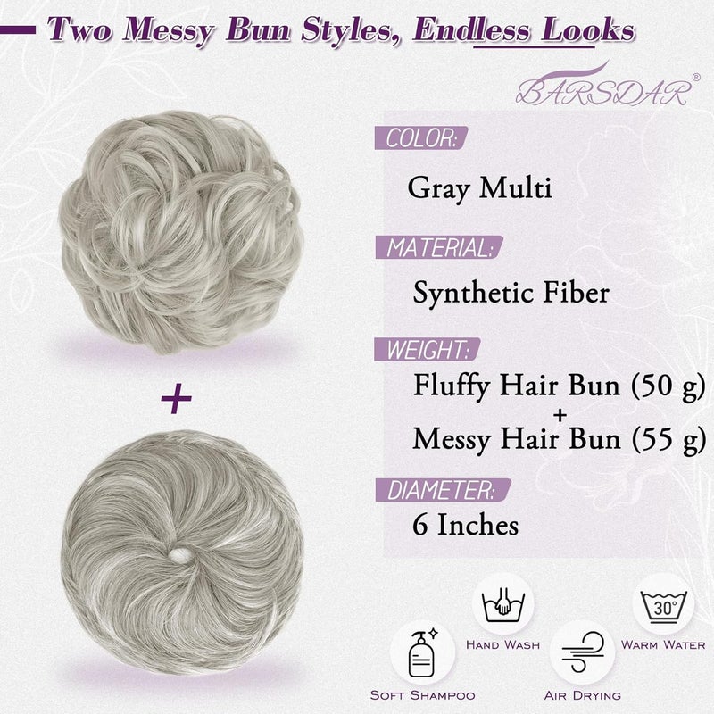 BARSDAR 2 Pieces Messy Bun Hairpiece with Elastic Band, Grey Hair Bun Hair Scrunchie Extensions for Women Synthetic Hair Updo Hairstyles Thick Hair Bun Hair Extensions Hairpieces Daily Party - Image 2