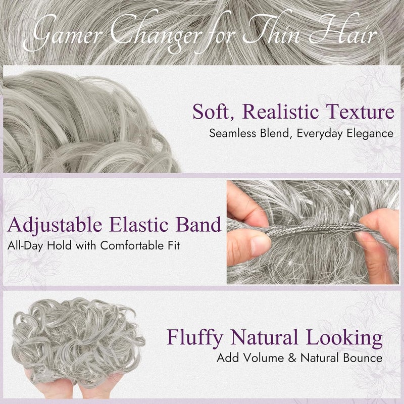 BARSDAR 2 Pieces Messy Bun Hairpiece with Elastic Band, Grey Hair Bun Hair Scrunchie Extensions for Women Synthetic Hair Updo Hairstyles Thick Hair Bun Hair Extensions Hairpieces Daily Party - Image 4