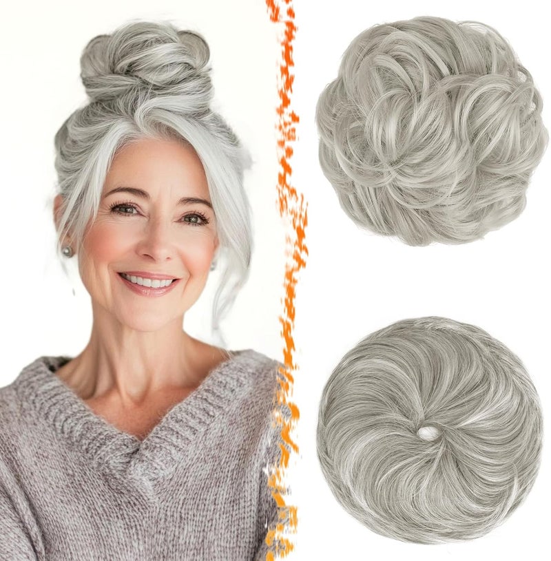 BARSDAR 2 Pieces Messy Bun Hairpiece with Elastic Band, Grey Hair Bun Hair Scrunchie Extensions for Women Synthetic Hair Updo Hairstyles Thick Hair Bun Hair Extensions Hairpieces Daily Party - Image 1