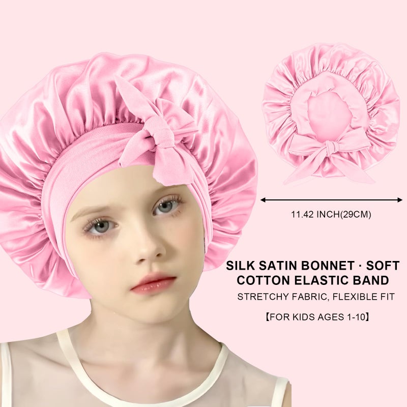 Confvrter 2 PCS Kids Bonnets for Girls, Silk Bonnet for Kids, Satin Bonnet for Sleeping, Baby Toddler Hair Cap with Tie Band Pink - Image 5